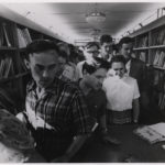 Muscovites crowd into the Delmar Public Library bookmobile at the 1959 American National Exhibition in Moscow (Bethlehem Public Library archives)