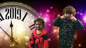 girl and boy with large clock background