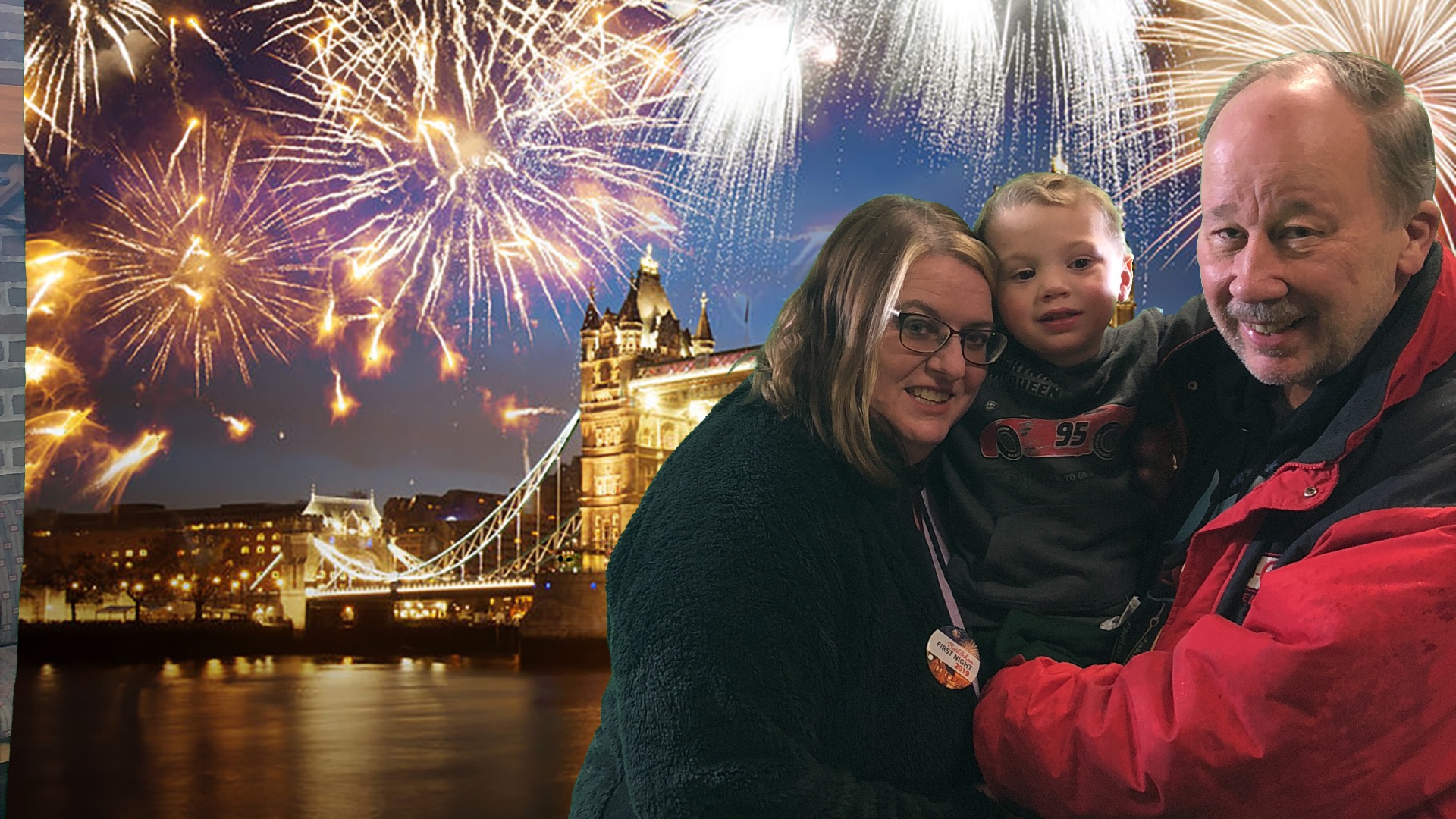 woman and man holding a child with london bridge and fireworks in the background