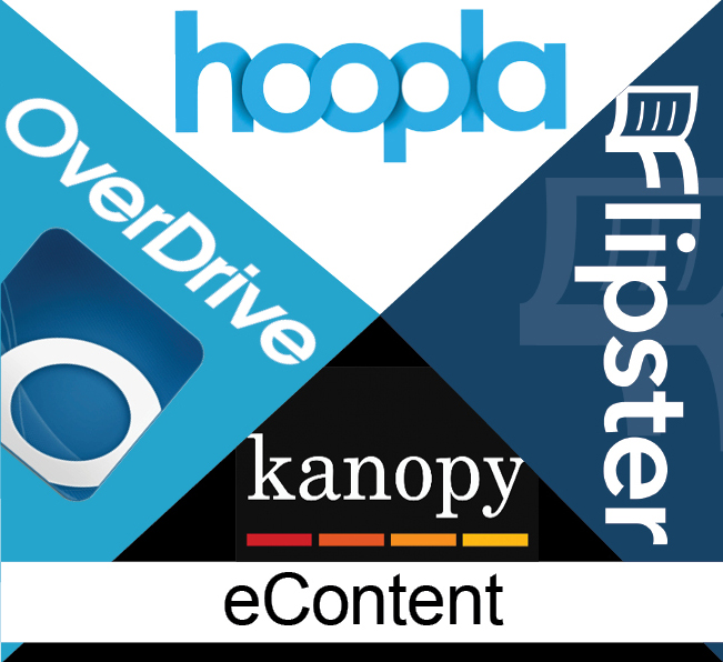 Click on an image of e content logos for hoopla, overdrive, kanopy and flipster with the text e content.