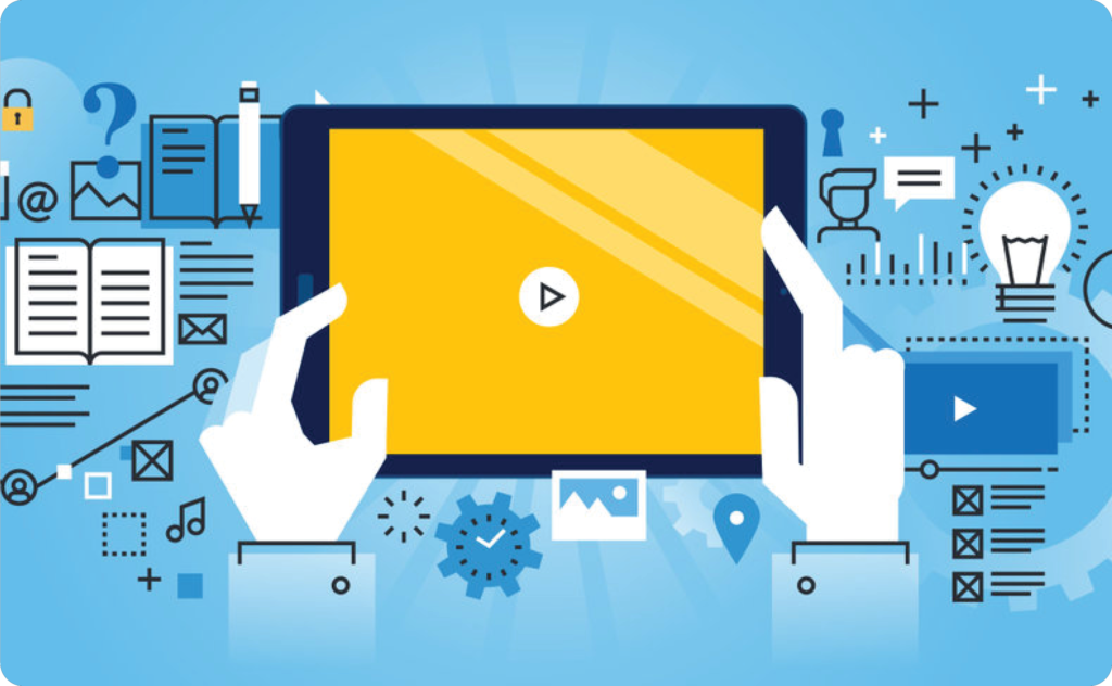 Illustrated image of a computer tablet screen against a blue background. Click to get to upcoming technology learning classes